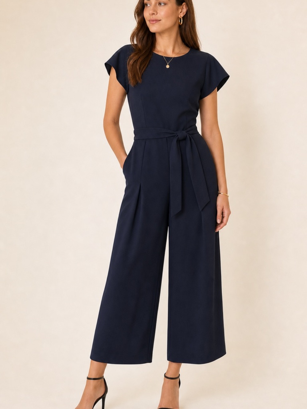 Club Monaco Navy Wide Leg Jumpsuit Womens 12 Belted Cropped Minimalist Career